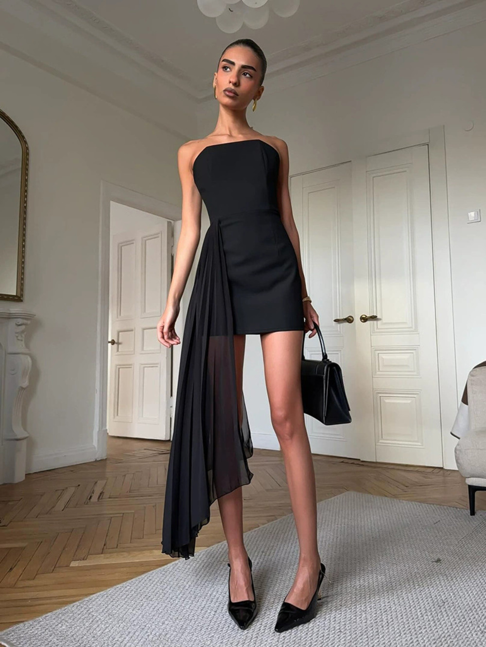 Forever 21 Summer Strapless Dress with Ribbon Slim Fit Black